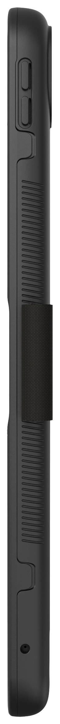 A black mobile phone viewed from the side, displaying design features such as buttons and textures.