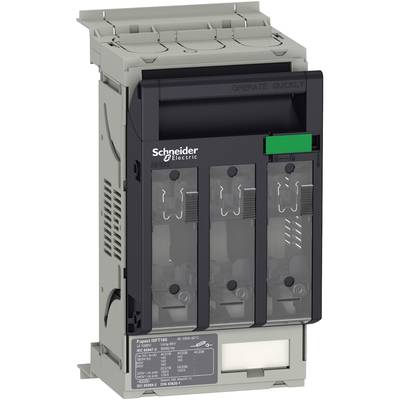 A circuit breaker from Schneider Electric with three switching chambers, a green operating element and a visible control panel for technical information.