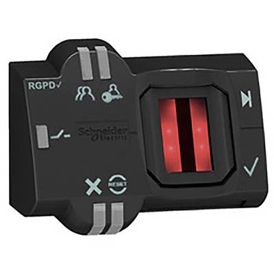 A black electronic device with a red screen and icons for people and headphones. Manufacturer logo at the top.