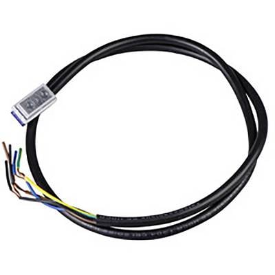 'Black cable with stripped ends in various colours and a plug on the other side.'<br><br>Note: I've used British English spelling for 'colours' and provided a natural translation that maintains the original meaning.