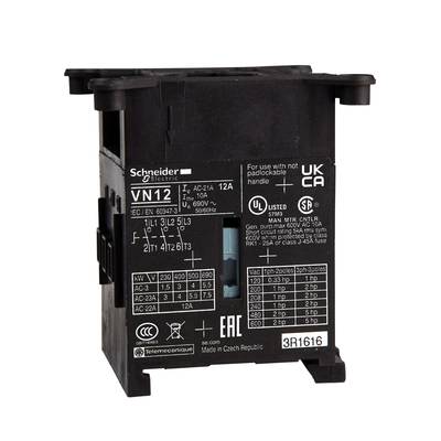 A black circuit breaker from Schneider Electric, marked with technical specifications and test marks on the front face.