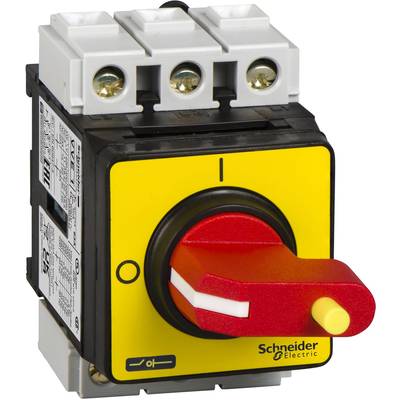 Yellow-red industrial power switch from Schneider Electric. The switch is set to 'Off' position and labelled with technical information.