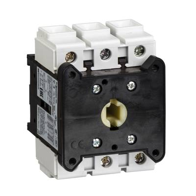 A three-pole isolator with a white casing and black front panel, suitable for interrupting electrical circuits.