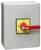 Grey emergency shut-off switch box with a red lever on a yellow background; lever position 'On' indicates powered state.