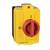 A yellow Schneider Electric main switch with a red rotary handle, marked with the positions '0' (off) and 'I' (on).