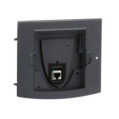 Grey-black network socket with central Ethernet connection, suitable for wall mounting in IT or household applications.
