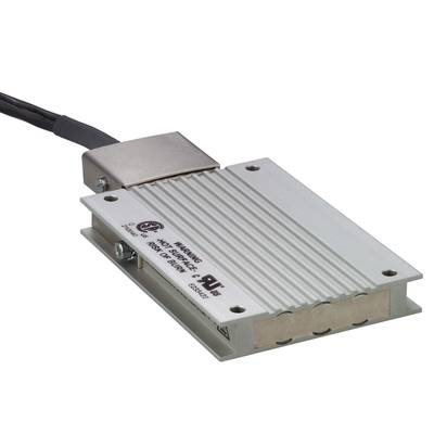 A rectangular, metallic electrical resistor with cooling fins, connected to a black cable, mounted on a base.