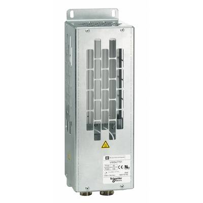 A rectangular switchboard filter from Schneider Electric, Model VW3A7701, with ventilation slots and safety warning label.