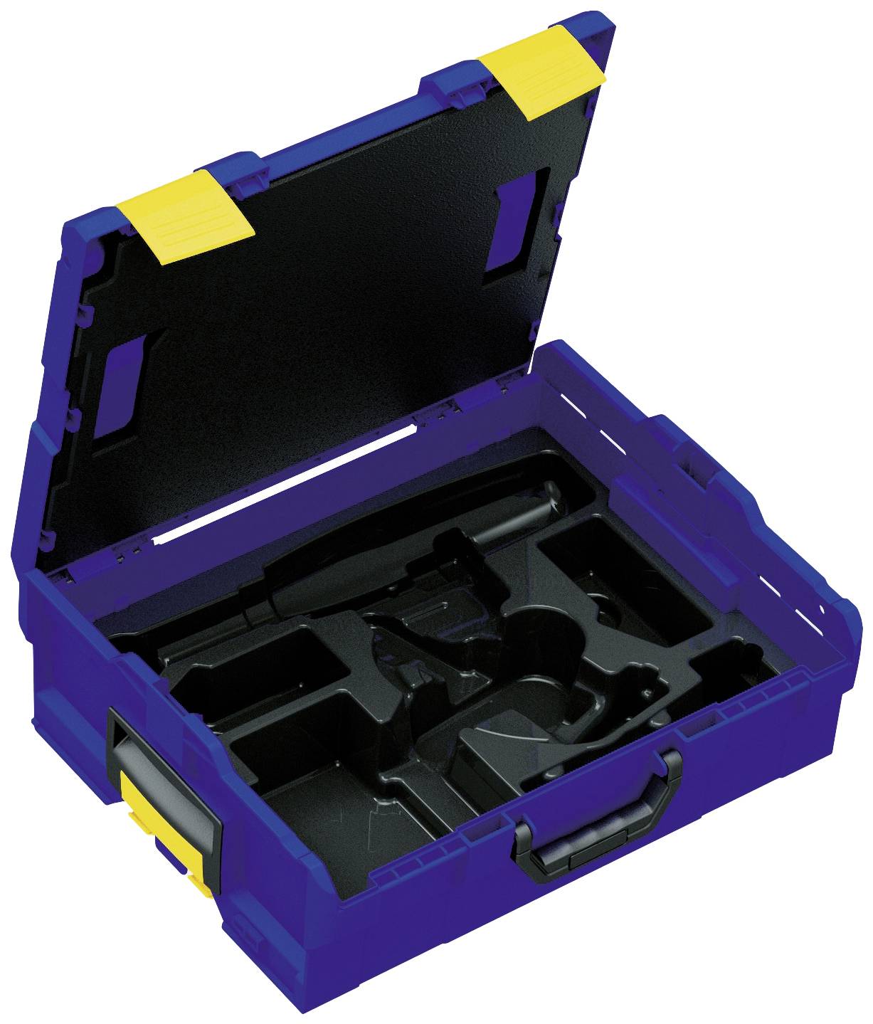 Opened blue tool case with yellow catches and a black, moulded interior designed to hold various tools.