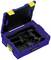 Opened blue tool case with yellow catches and a black, moulded interior designed to hold various tools.