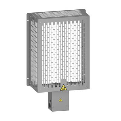 A rectangular metal cone heater with a ventilation grille and a warning symbol indicating electrical hazard.