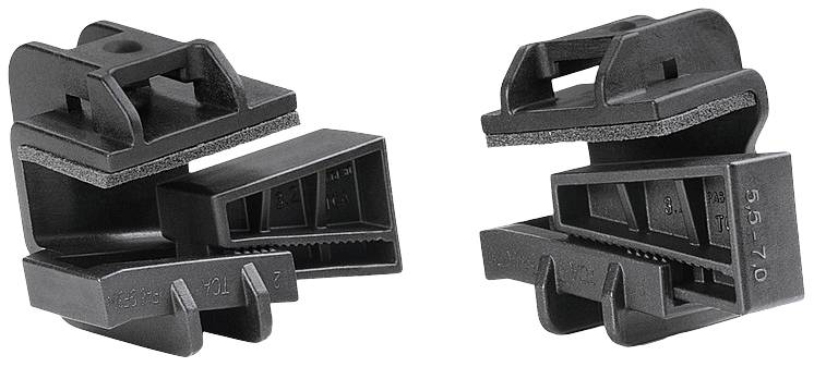 Two black plastic clamps with foam underlays, capable of securing cables or materials. Suitable for construction or DIY projects.