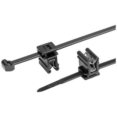 Two black cable ties with different fastenings, used for bundling and securing cables.