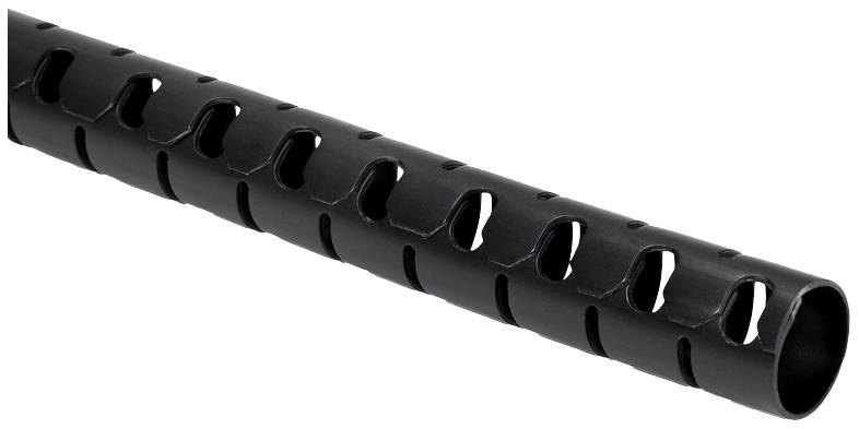 Black, flexible cable management tube with side slots for organising and protecting cables.