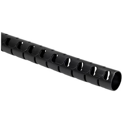Black, flexible cable management tube with side slots for organising and protecting cables.