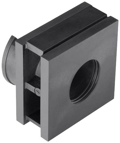 A square, black component with a circular hole in the centre. Suitable for mounting or fastening.