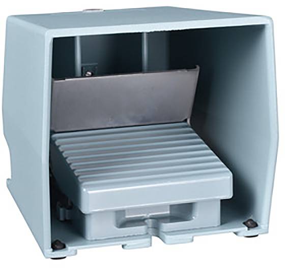 A rectangular, blue metal enclosure with a ribbed pedal in the centre, likely a floor switch or foot pedal.