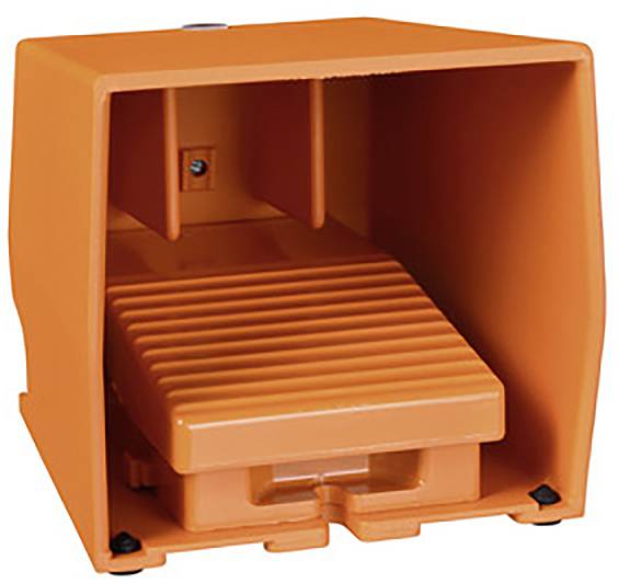 Orange plastic foot switch with a rectangular shape, featuring a ribbed interior surface, used for foot operation in machine environments.