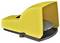 Yellow industrial foot pedal with a plastic protective cover, mounted on a black base. Used for machine control.
