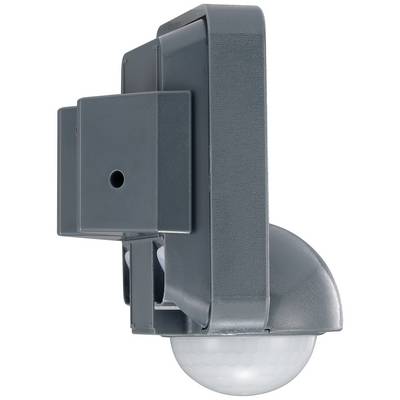 A grey security camera with a motion sensor, mounted sideways on a wall.