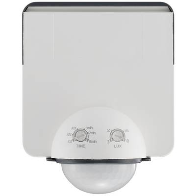 White motion sensor with two rotary controls for time and light sensitivity settings.