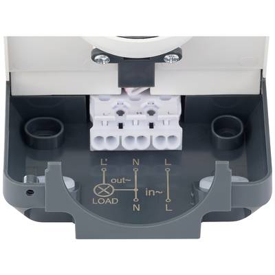 Opened electrical connection socket with terminal block. Labelling shows connections for 'LOAD', 'in', 'out', 'L', 'N'.