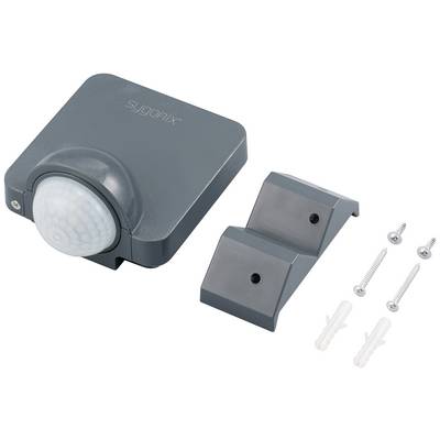 Movement sensor in a dark casing with mounting materials: two brackets, two screws and wall plugs.