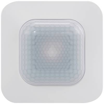 A white square motion sensor with rounded corners and a central, protruding sensor area.