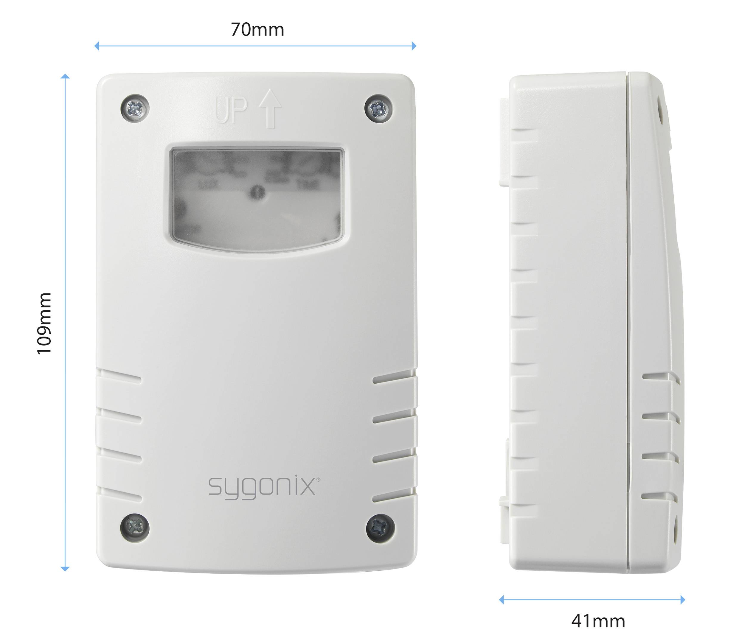 Two-view drawing of a white enclosure with dimensions 109 mm x 70 mm x 41 mm, inscription 'UP' at the top and 'sygonix' at the bottom.