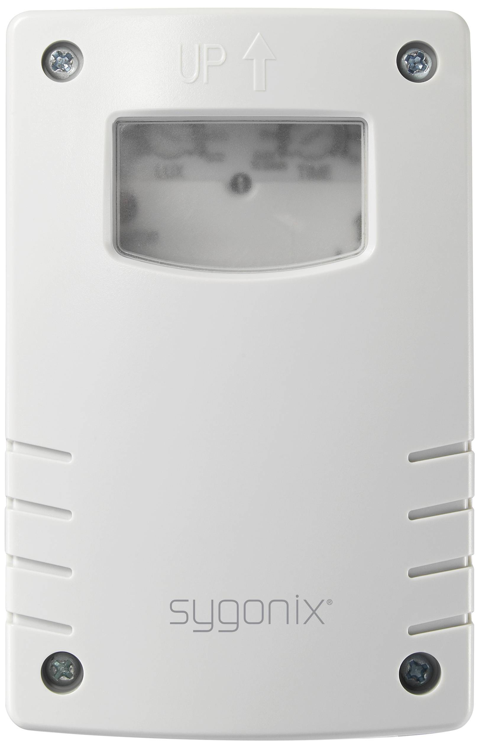 A white device with the 'sygonix' logo, four screws at the corners and a small viewing window with the labels 'LUX' and 'TIME'.