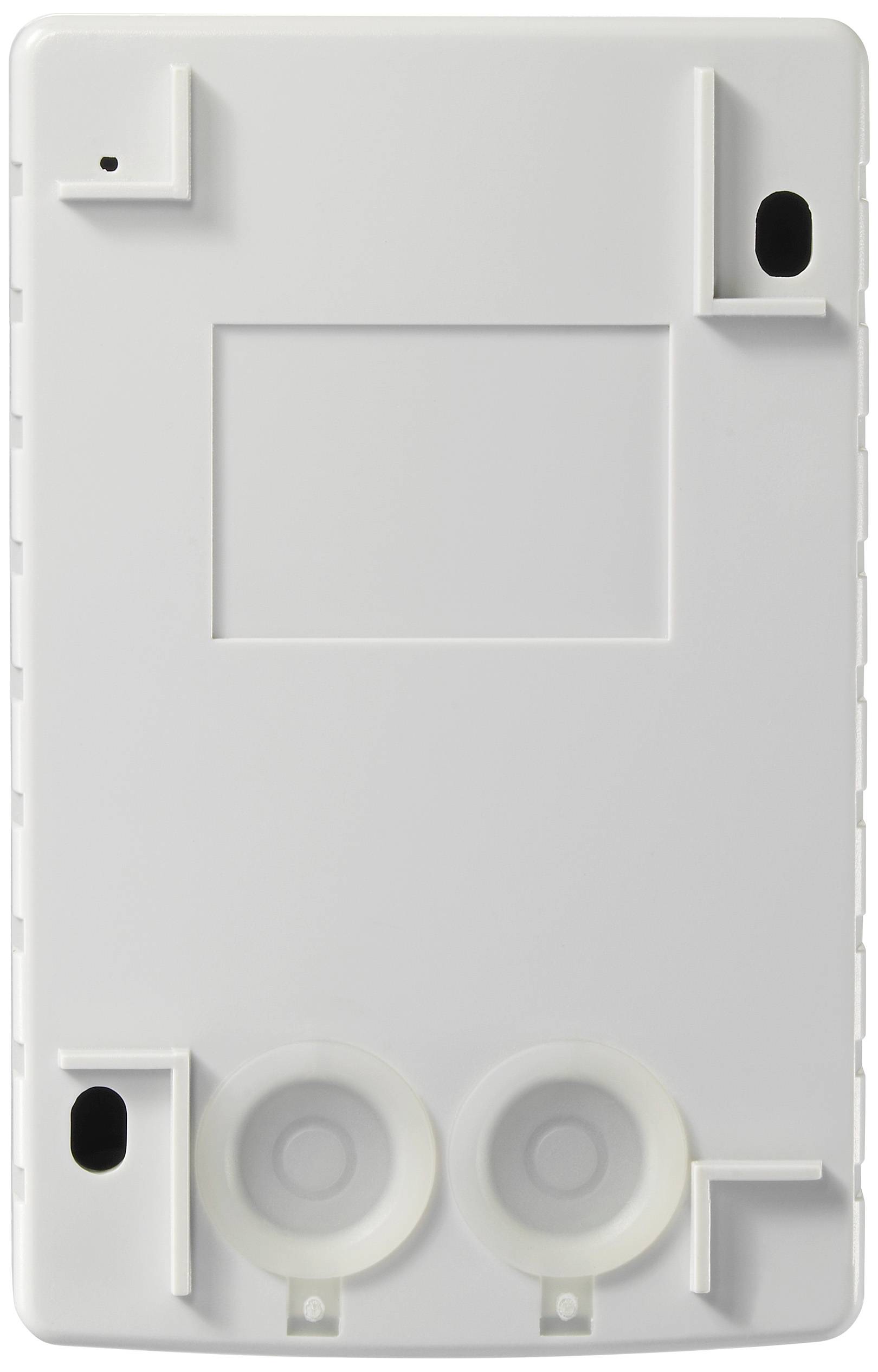 A rectangular, white plastic housing with multiple openings and two round recesses at the bottom edge, potentially for technical devices.