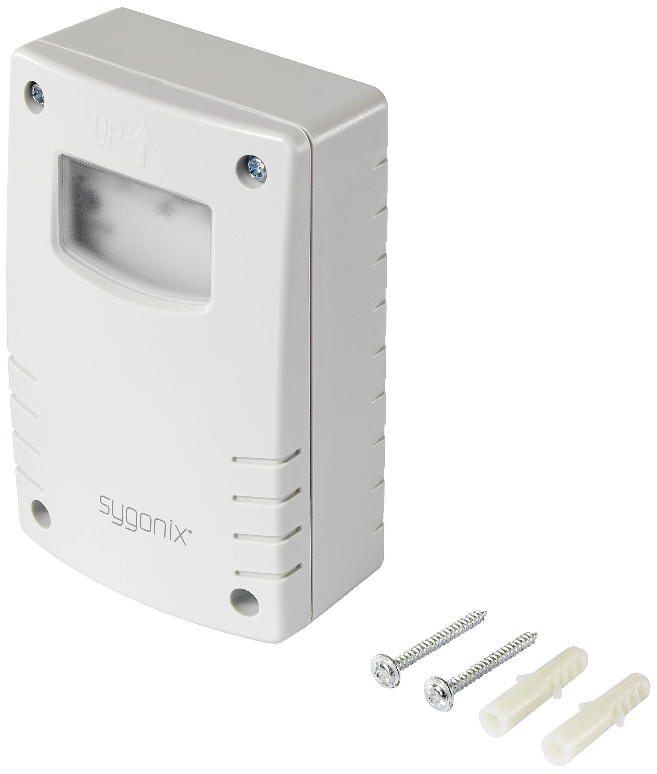 A white, rectangular motion sensor by sygonix with two screws and wall plugs, suitable for wall mounting.