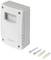 A white, rectangular motion sensor by sygonix with two screws and wall plugs, suitable for wall mounting.