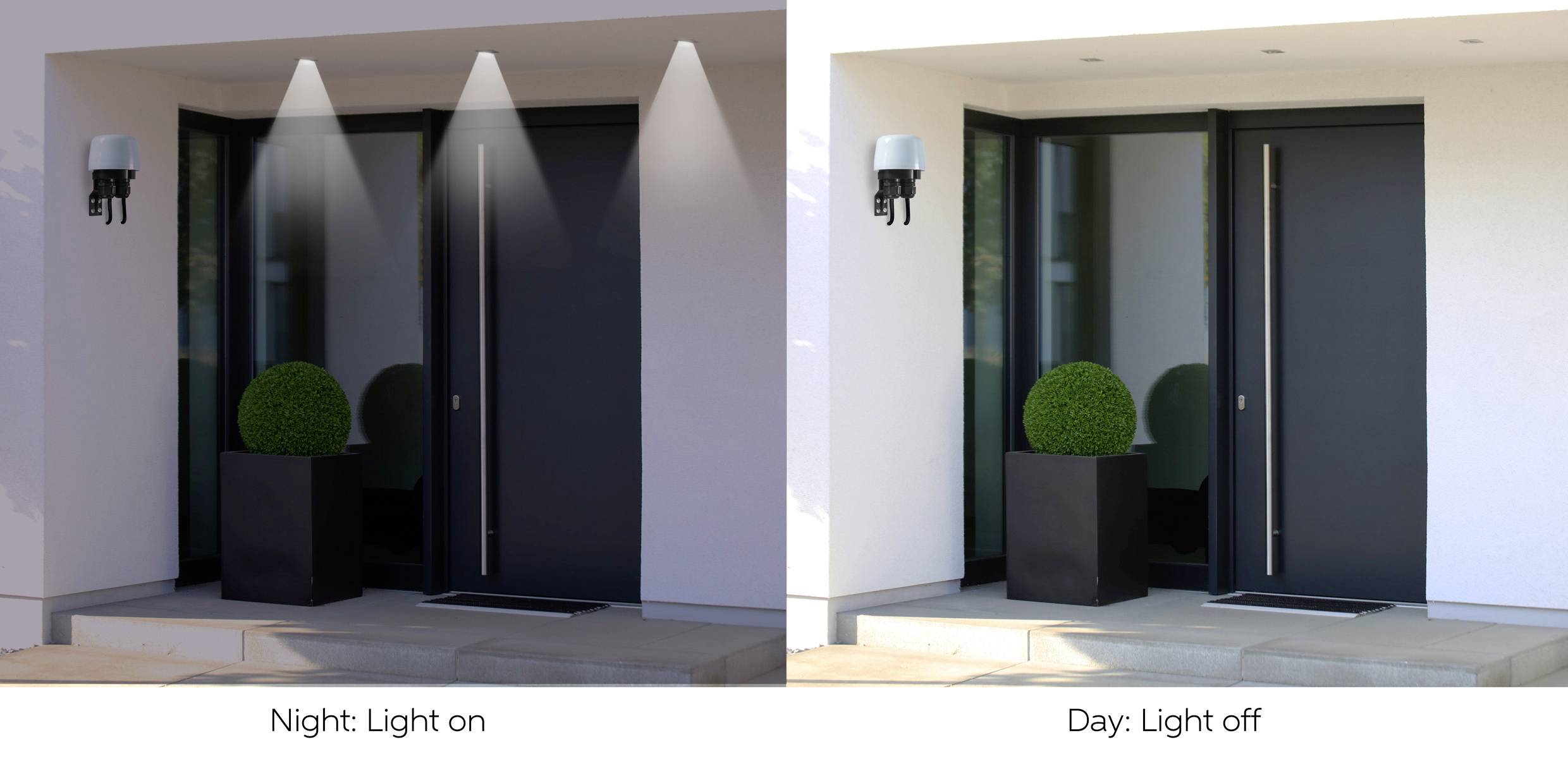 'Night: Light on. Day: Light off.' Two images show a dark front door with and without the exterior light switched on.