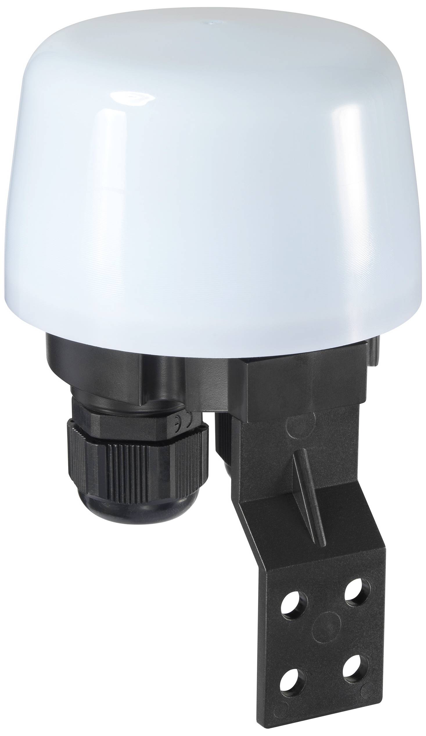 An electrical sensor with a white, dome-shaped cover and black mounting bracket, suitable for outdoor installations.
