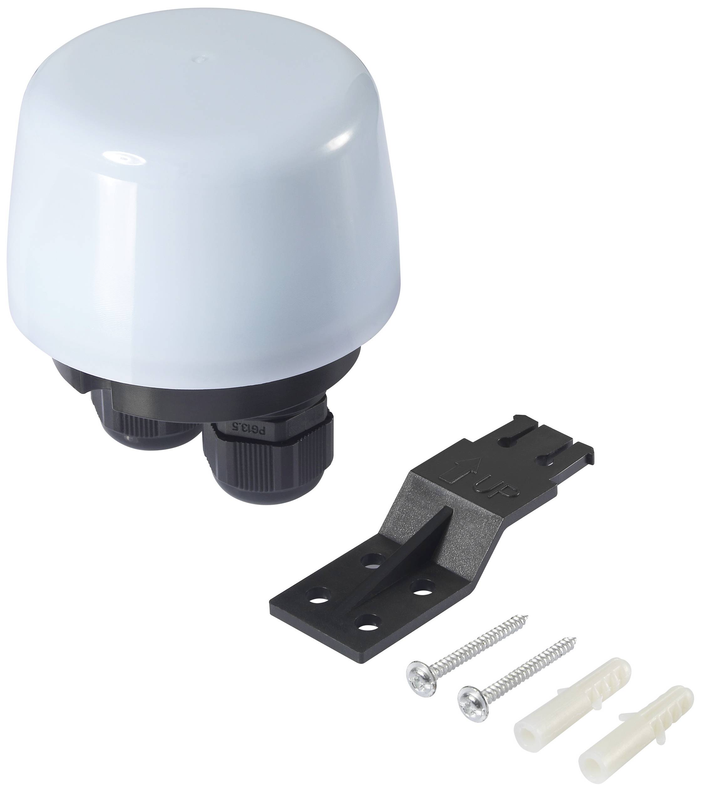 A white plastic sensor with a black holder, two screws and two wall plugs. Used for mounting on walls or surfaces.