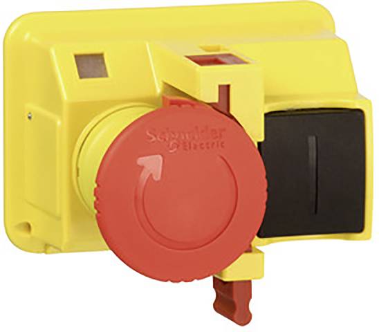 Yellow emergency stop switch with red rotary handle and black lever, mounted on the wall, used for rapid machine shutdown.
