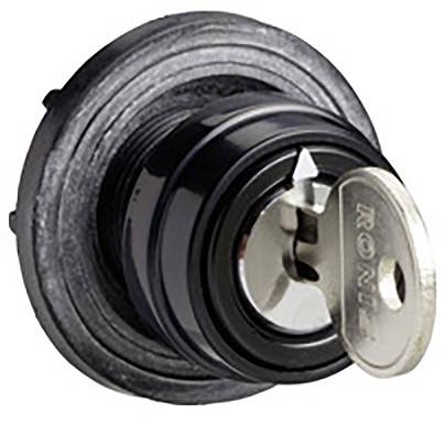 A metal lock with a key inserted in the centre of a circular housing. The key is half-turned.