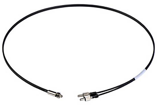 A thin, black cable with two metal plugs at one end and a single plug at the other end.