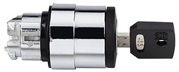 Black and silver ignition lock with key inserted. The key is slightly turned to the right.