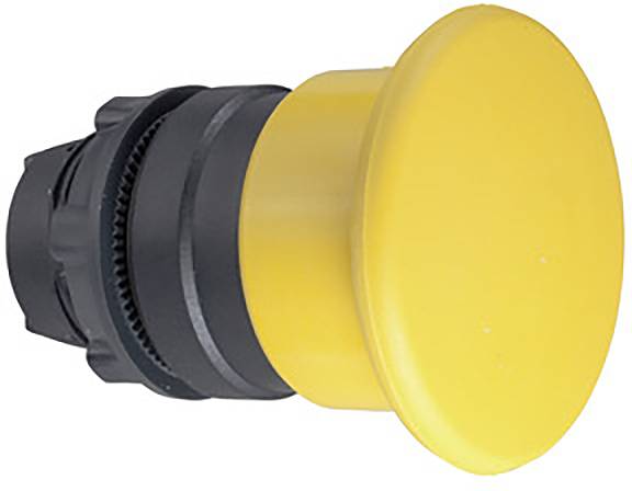 A large, yellow emergency stop button, mounted on a black base. The button is typically used for safety shutdown purposes.