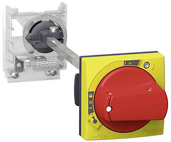A red emergency stop switch with a yellow frame and English labelling. Used for quickly interrupting the power supply in emergency situations.