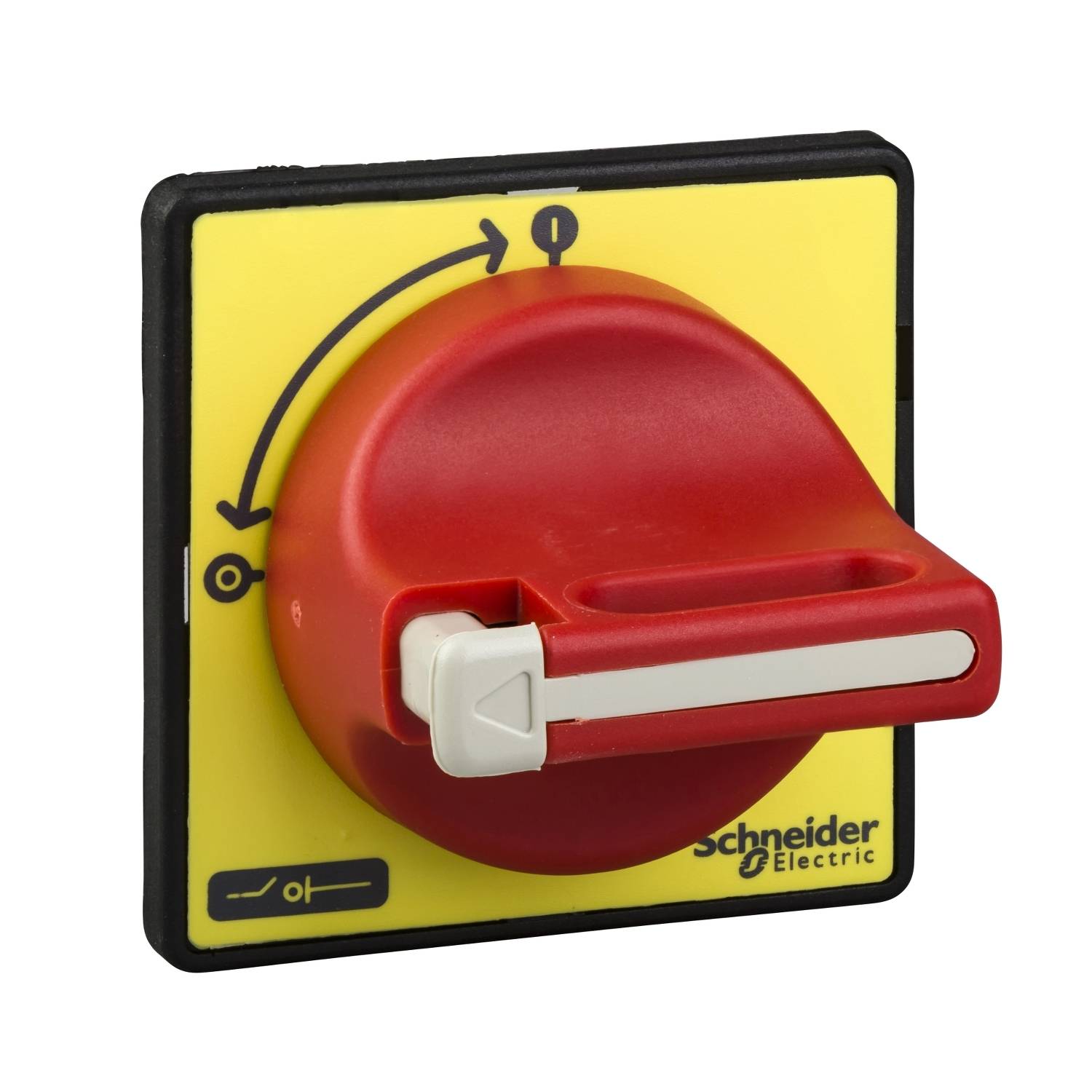 A red rotary switch on a yellow plate, marked with an on/off symbol at the top. The switch is currently set to 'Off'.