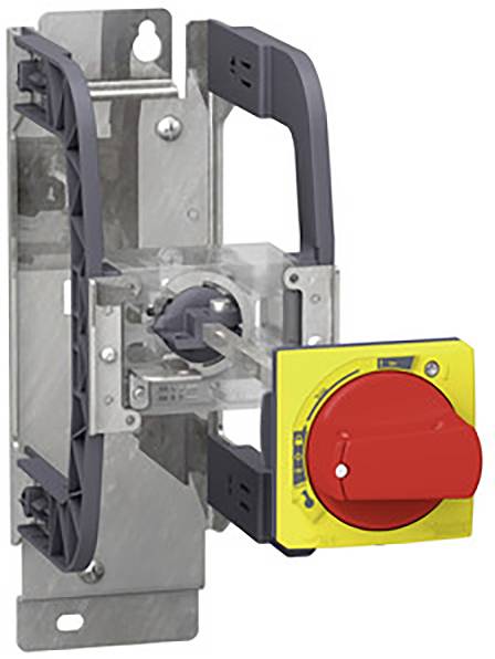 Figure of a multi-pole load disconnector with a red rotary handle in a metal mounting, showing an electrical installation component.
