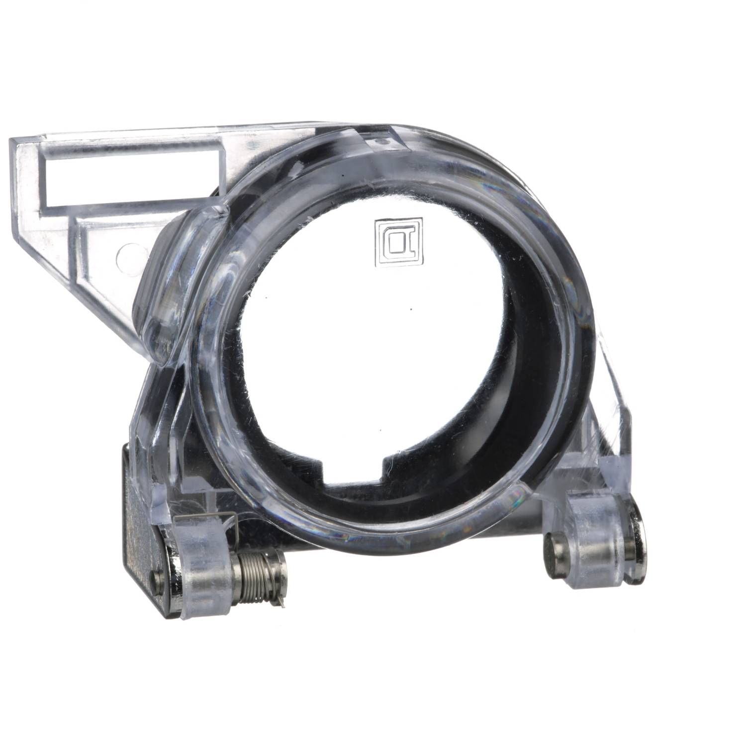 Translucent plastic mounting bracket with metal components, likely for electrical or mechanical applications.