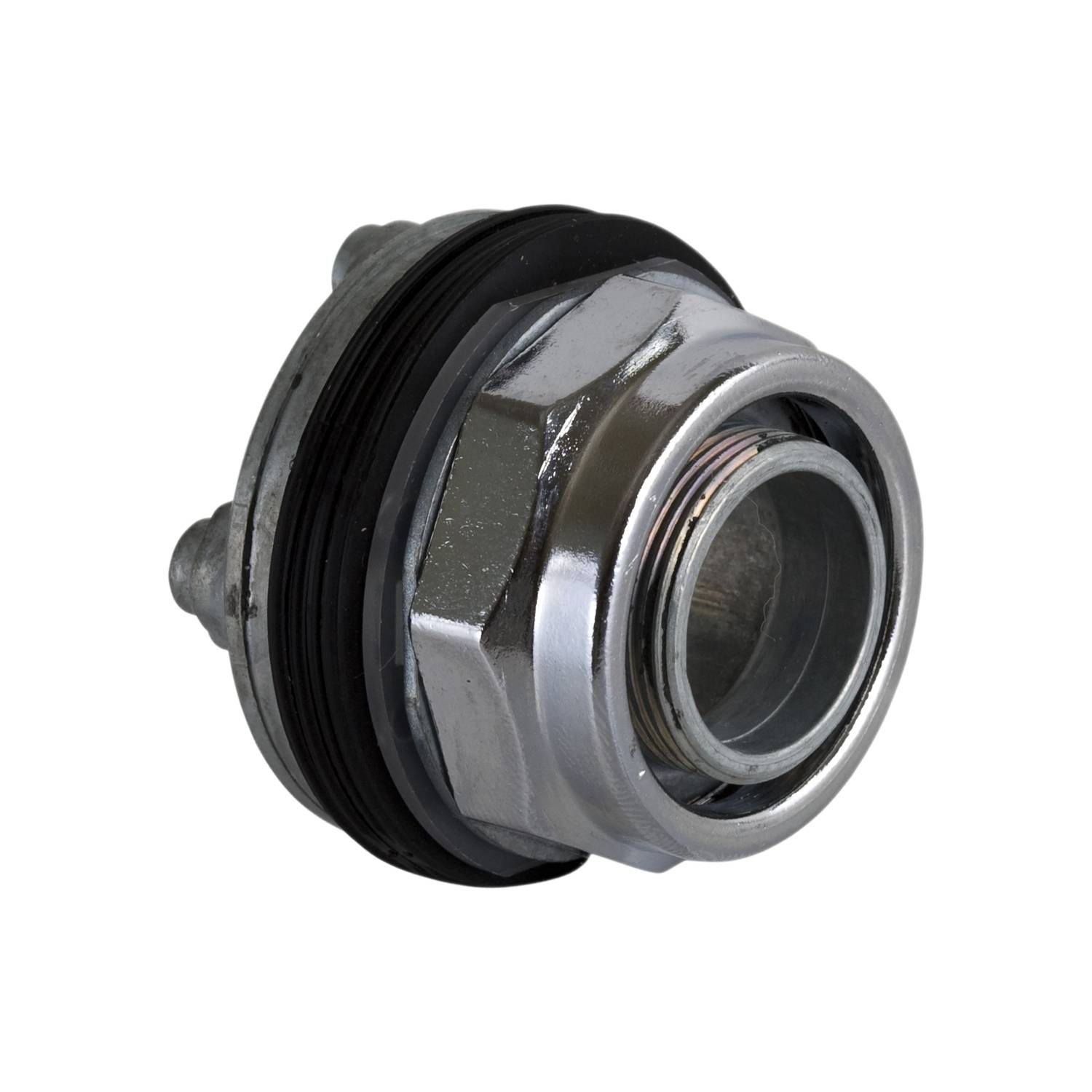 Metal connecting element with thread and two screws, likely suitable for pipe connections in installations.