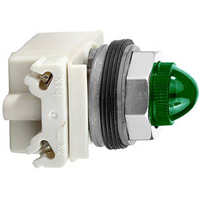 Green LED illuminated push button with round housing, suitable for industrial applications, showing the front end and connections.