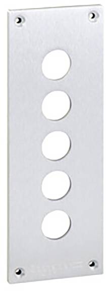 Silver metal plate with five round holes in a vertical row. Screws are located at the corners for wall mounting.