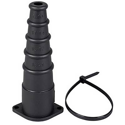 Black stepped hose nozzle adapter with cable tie; used for various hose sizes.