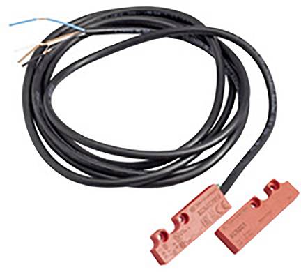 A red magnetic switch sensor with a black cable. The sensor is used for detecting positions and openings in safety systems.